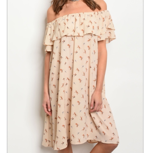 Dresses & Skirts - Ruffle Beige Dress with Bird Print